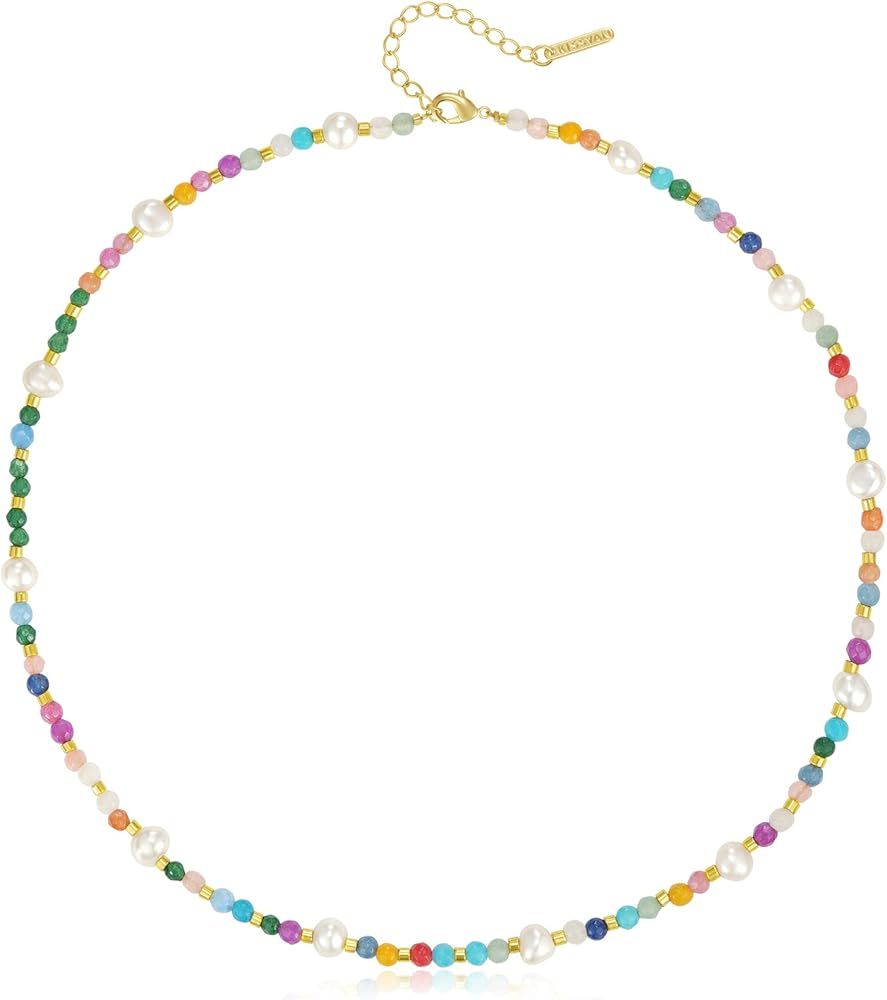 KissYan Beaded Choker Necklace for Women, Colorful Natural Gemstones Pearl Choker 14K Gold Plated... | Amazon (US)