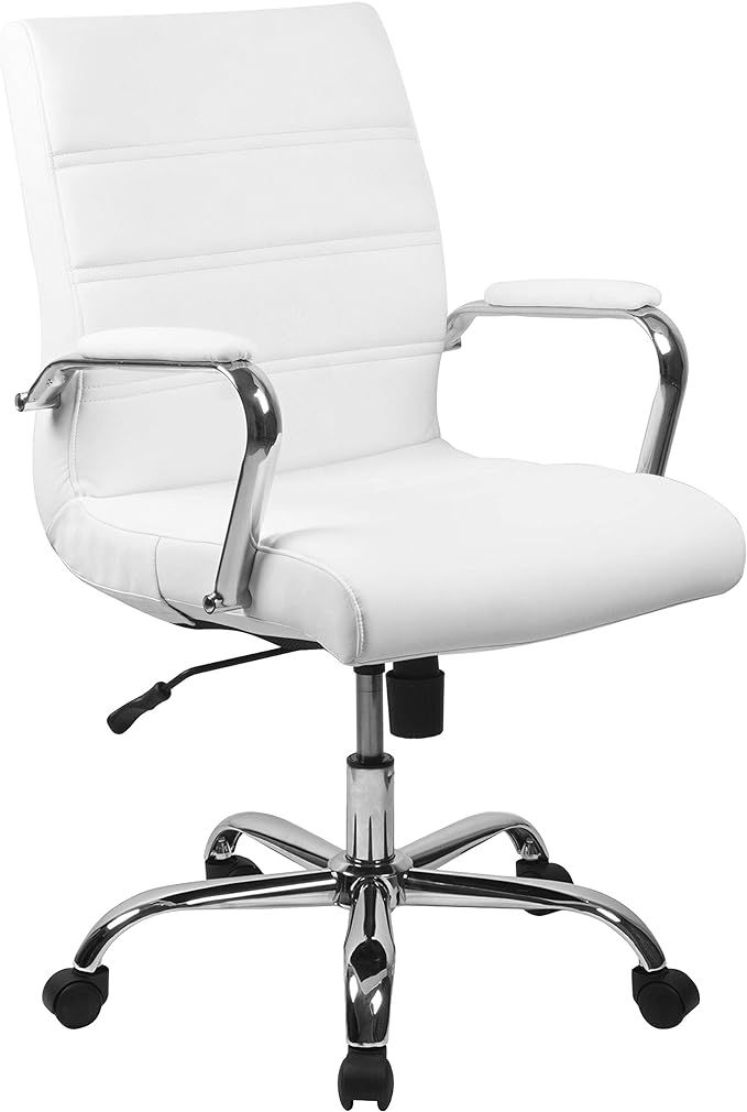 Flash Furniture Mid-Back Desk Chair - White LeatherSoft Executive Swivel Office Chair with Chrome... | Amazon (US)