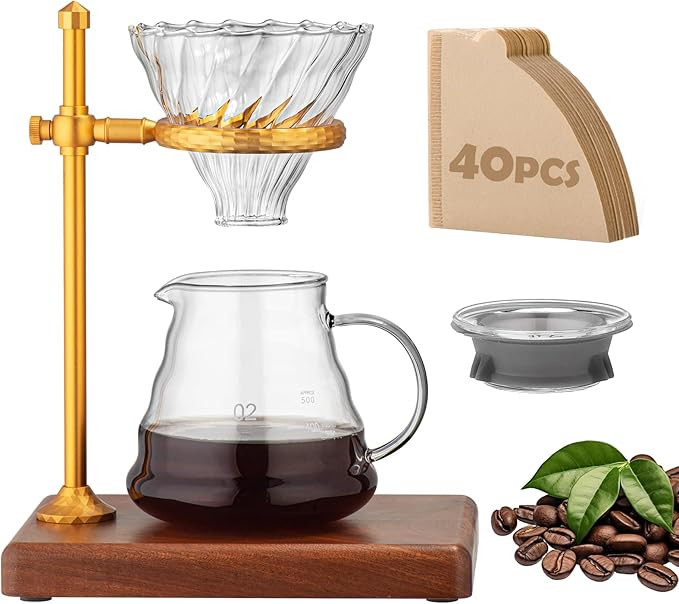 Pour Over Coffee Maker Set – Glass Coffee Dripper with Stainless Steel Stand, Wooden Base & 40 ... | Amazon (US)