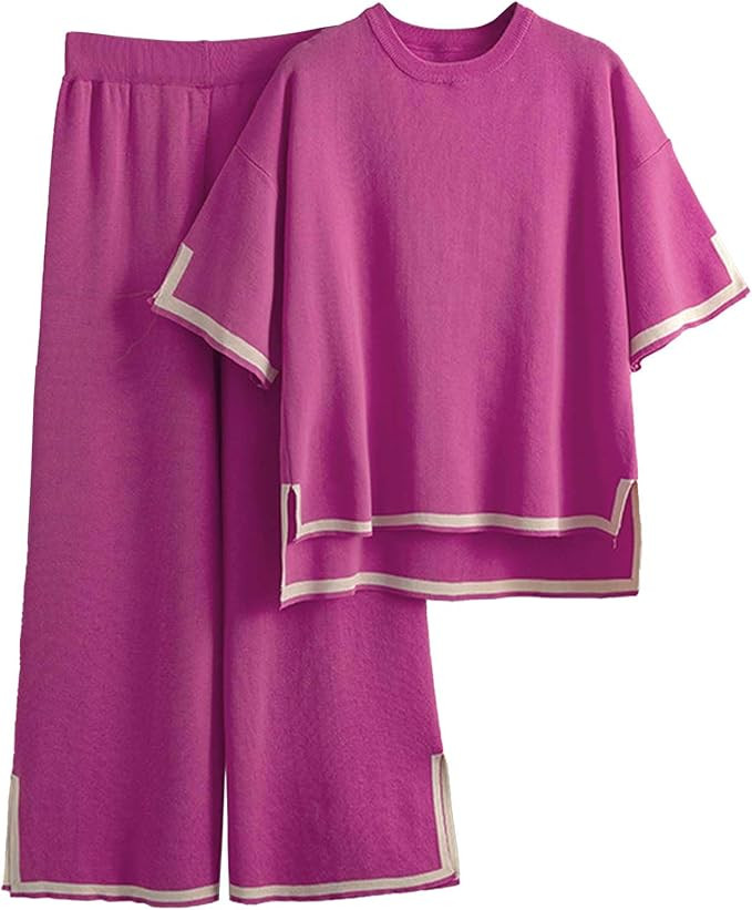 Songling Womens Casual Two Piece Outfits Sweater Sets Comfy Short Sleeve Knit Pullover Tops Wide ... | Amazon (US)