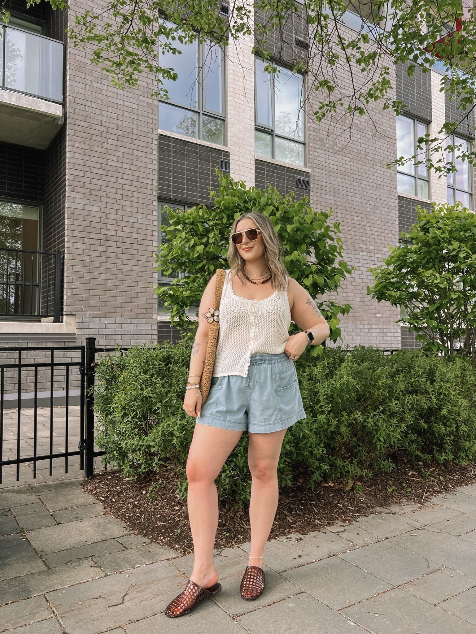 Casual summer outfit! Shorts are so comfy and perfect for a hot day! Wearing my usual size L. Crochet tank top is breezy and the mesh is small enough that I don’t wear a cami underneath. Jelly shoes are comfy, but size up if between. I’m a 9.5-10 and wear a 10. Canadian Old Navy links are under “similar products”

#LTKsummer #LTKsale #LTKmidsize