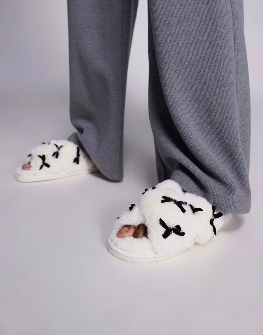River Island plush cross strap slippers with bows in cream-White | ASOS (Global)