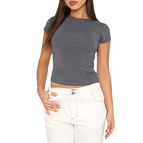 Women's Casual Basic Going Out Crop Tops Short Sleeve Crewneck Crop Tops Tees Slim Fit Tight T Shirts (Gray, M) | Amazon (US)