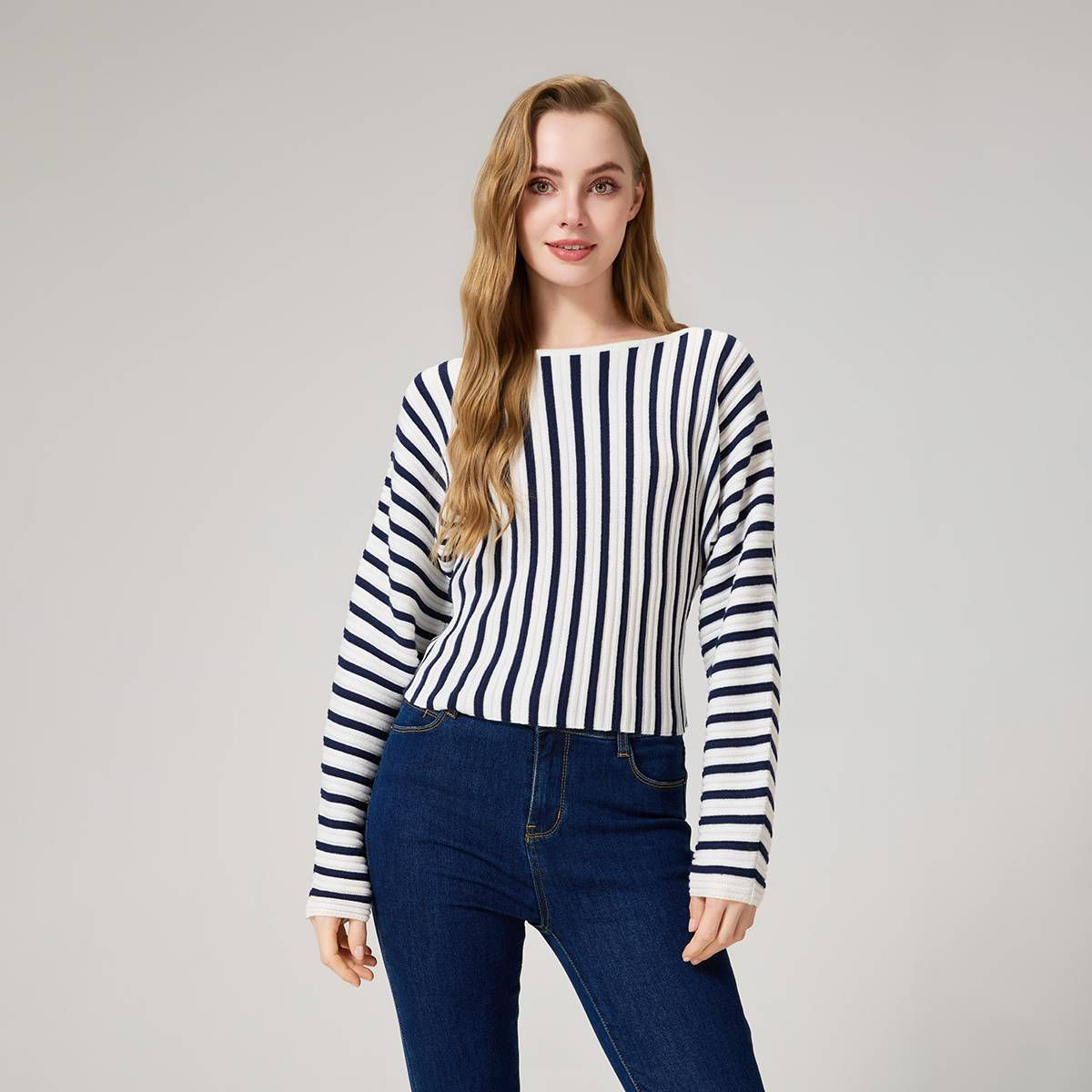 Women's Long Sleeve Ribbed Boat Neck Sweater - A New Day\u2122 Navy Blue Striped XS/S | Target