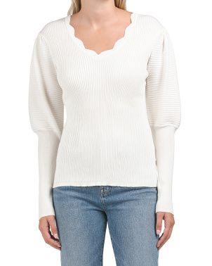 Scallop V-neck Ribbed Puff Sleeve Sweater | TJ Maxx