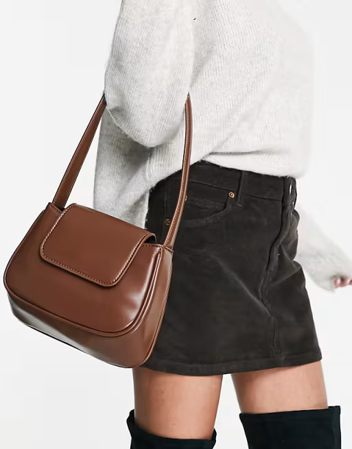 ASOS DESIGN curved shoulder bag with flap in chocolate | ASOS (Global)