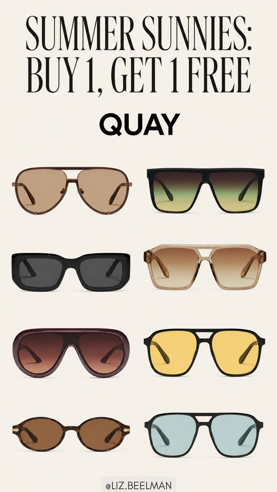 QUAY: Summer Sunnies Sale, BOGO
Buy One Get One Free

#sale #deal #sunglasses #trending  

 