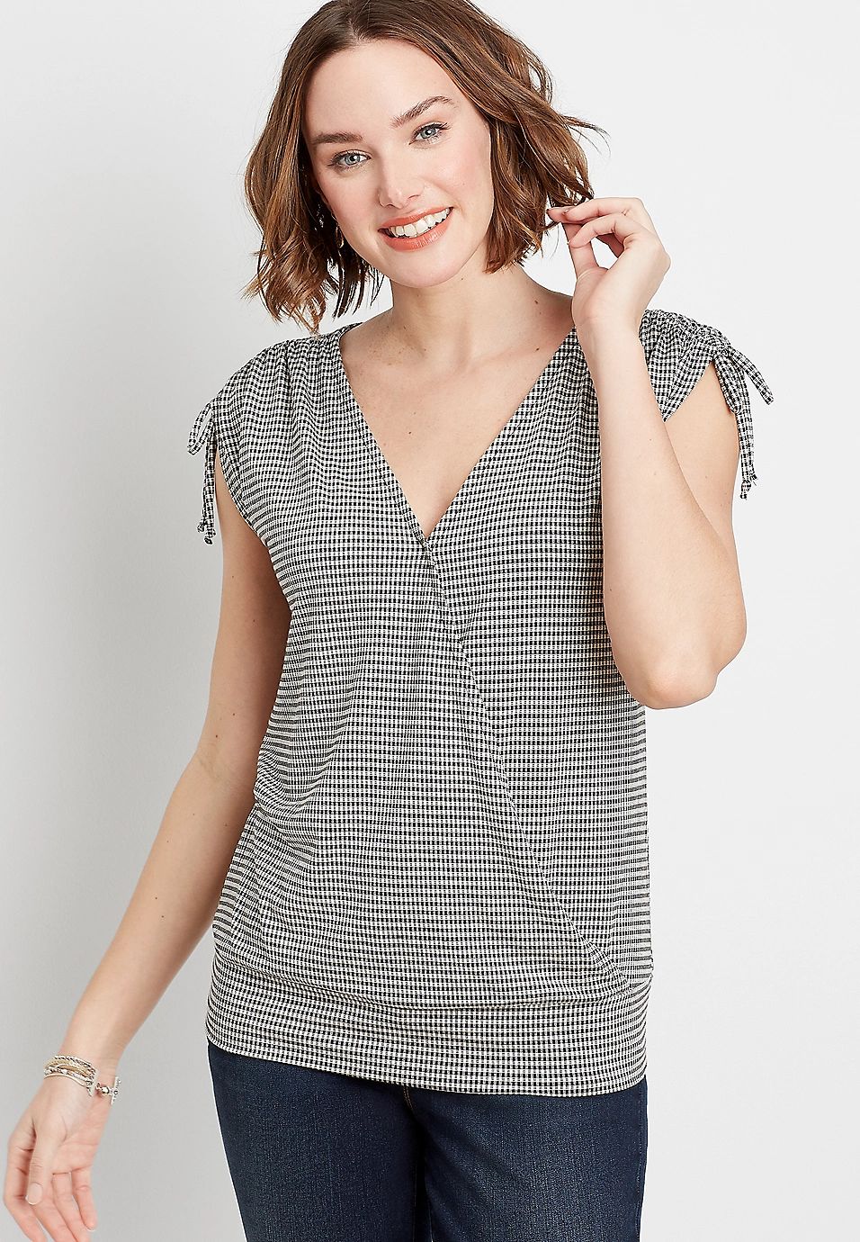 Gingham Cinched Sleeve Tank Top | Maurices