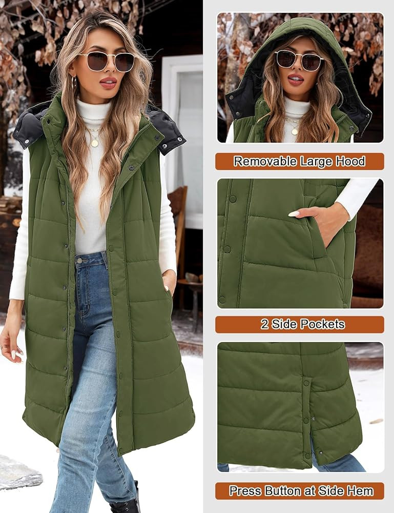 Women's Long Puffer Vest Sleeveless Jacket Fall Winter Zip Up Coat with Removable Hood Quilted Ca... | Amazon (US)
