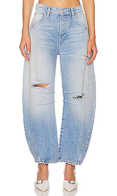Free People x We The Free Good Luck Mid Rise Barrel Jeans in Barnyard Blue from Revolve.com | Revolve Clothing (Global)