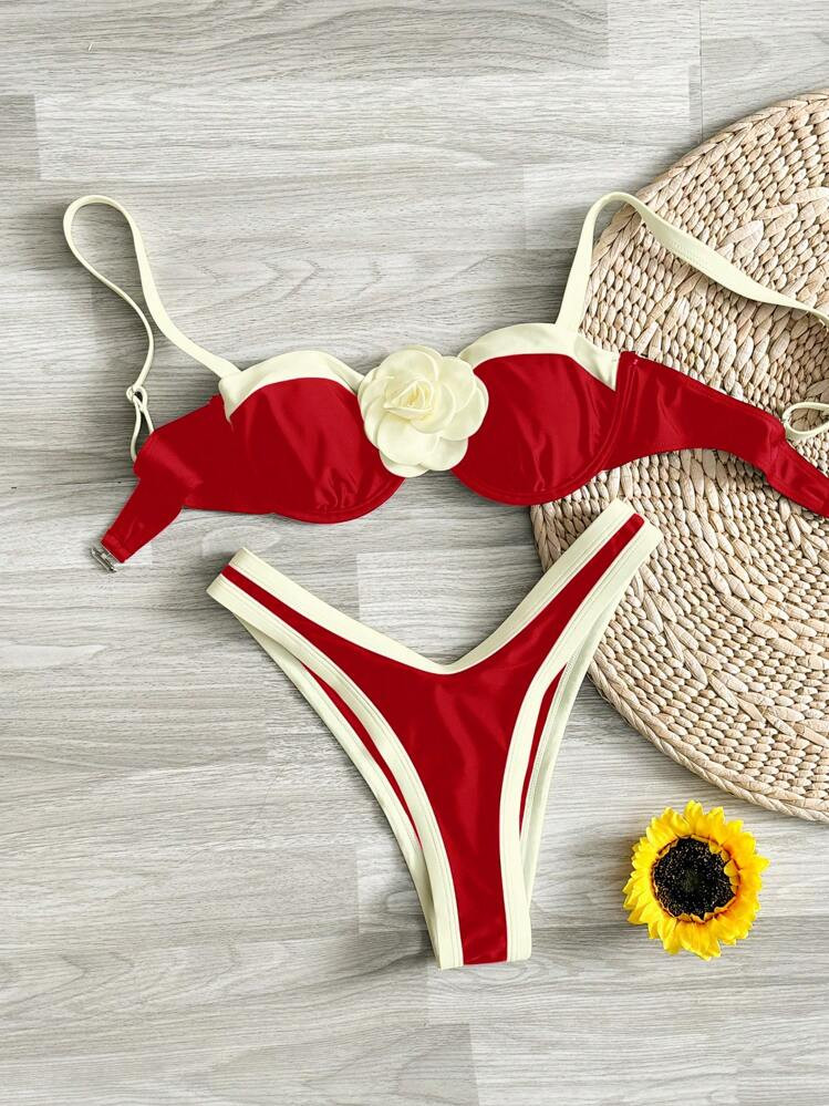 Swim Chiccia 2 Pieces Beach Outfits For Women: Bandeau Bikini Top With Floral Accent & Contrast Inset, Paired With High Waisted Briefs, Sexy Summer Swimwear Set | SHEIN