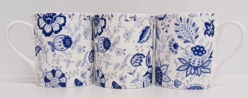 Blue Persia Mugs Set of 4 Fine Bone China Blue & White Floral Balmoral 8.5oz 250ml Cups Hand Deco... | Etsy (UK)
