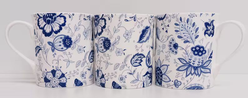 Blue Persia Mugs Set of 4 Fine Bone China Blue & White Floral Balmoral 8.5oz 250ml Cups Hand Deco... | Etsy (UK)