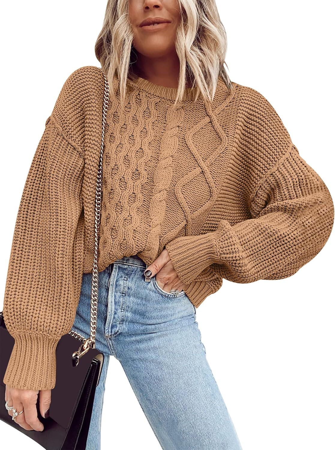 ANRABESS Women's Lantern Long Sleeve Round Neck Oversized Loose Fit Chunky Cable Knit Pullover Sw... | Amazon (US)