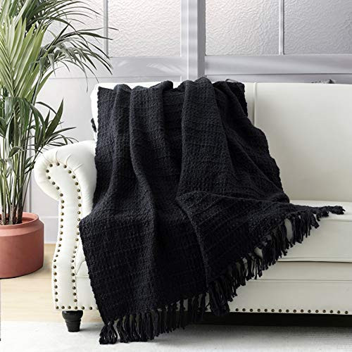 HORIMOTE HOME Chunky Black Knitted Throw Blanket for Couch, Chair, Sofa, or Bed - Chic Boho Style with Textured Basket Weave Pattern & Decorative Fringe - 50"x60" Blanket | Amazon (US)