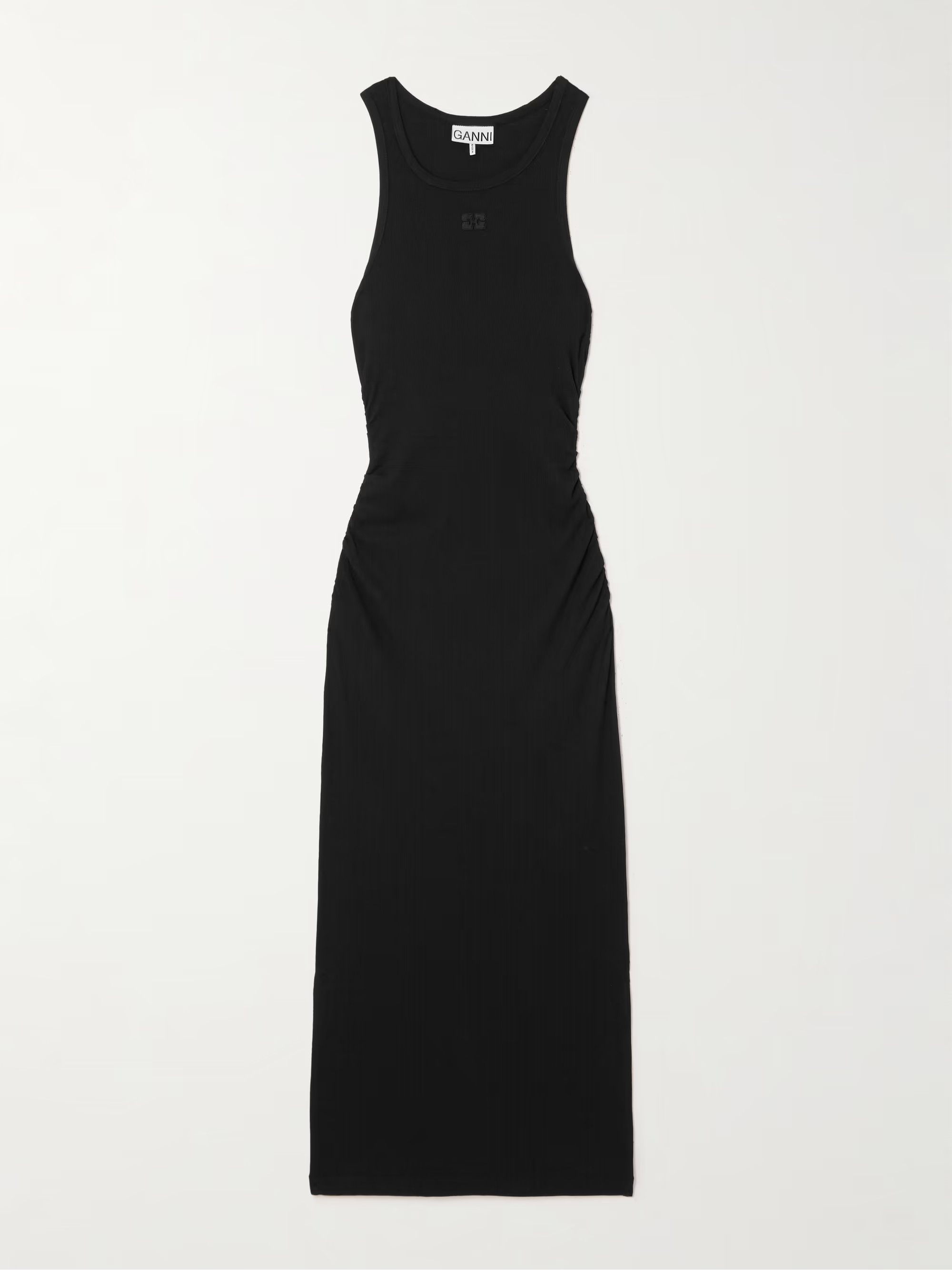 GANNI Ruched ribbed organic cotton-blend midi dress | NET-A-PORTER | NET-A-PORTER (UK & EU)