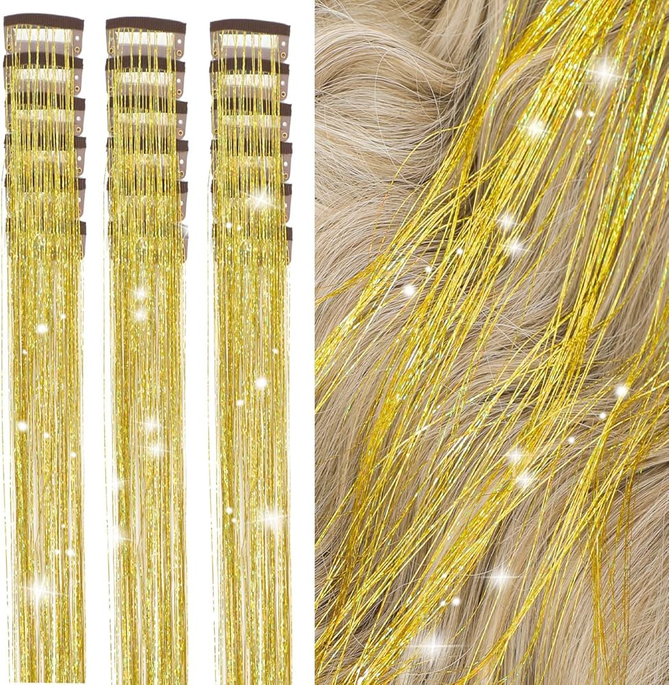 Hair Tinsel Kit Pack of 18 Pcs Hair Tinsel Clip in 19.6Inch Glitter Tinsel Hair Extensions Heat R... | Amazon (US)