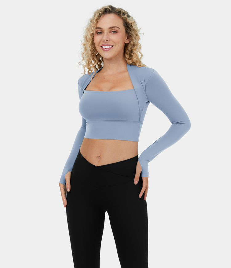 Softlyzero™ Long Sleeve Thumb Hole 2-in-1 Cropped Yoga Sports Top | HALARA
