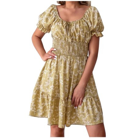 VSSSJ Casual Dresses for Women Square Neck Puff Short Sleeves Lace Up Mini Dress Summer Floral Print | Walmart (US)