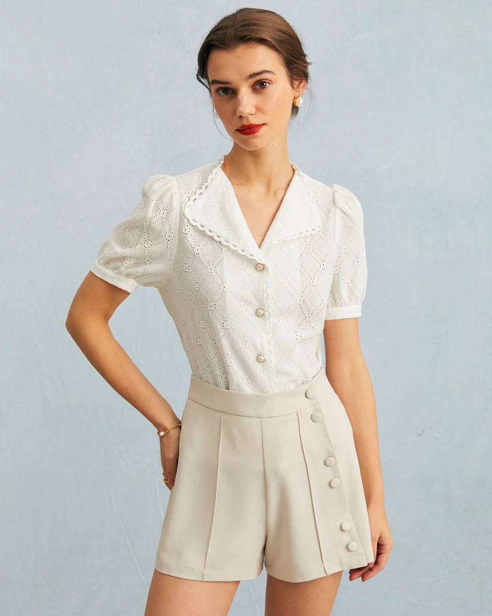 The White V Neck Lace Eyelet Embroidery Blouse | rihoas.com