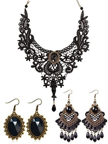 Halloween Black Choker Earrings Bracelet Set Witch Costume Women Gothic Accessories Vintage Goth Jewelry Set Black Ring Gloves Vampire Choker Necklace Halloween Costume | Amazon (US)