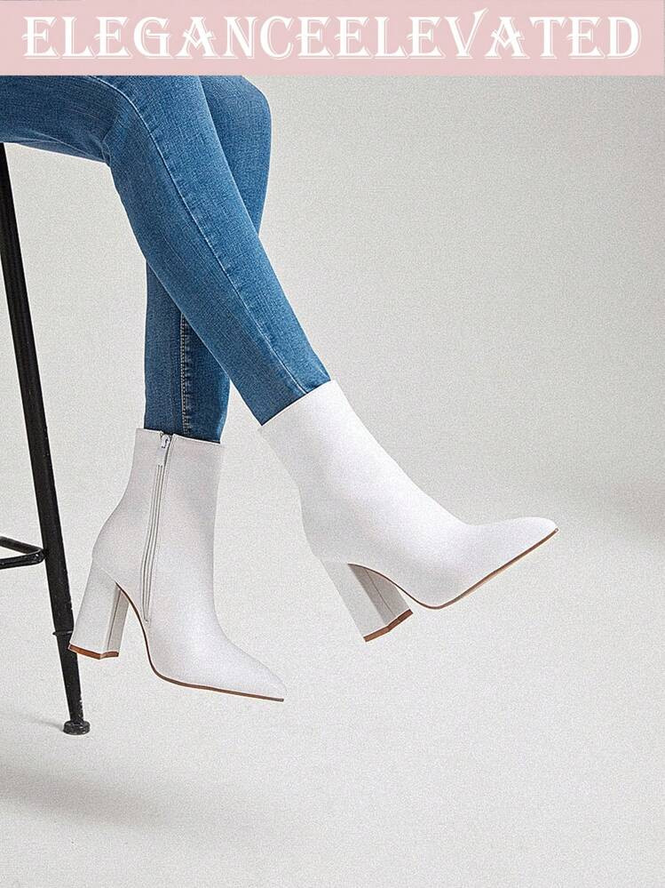 Fall/Winter 2025 Women's Fashion White Ankle Boots, Stylish Casual Simple Versatile Sexy Street-Chic Side Zipper Thick High Heels Pointed Toe Pumps High Heels And Ankle Boots Knee High Boots,Perfect With Black Dress | SHEIN