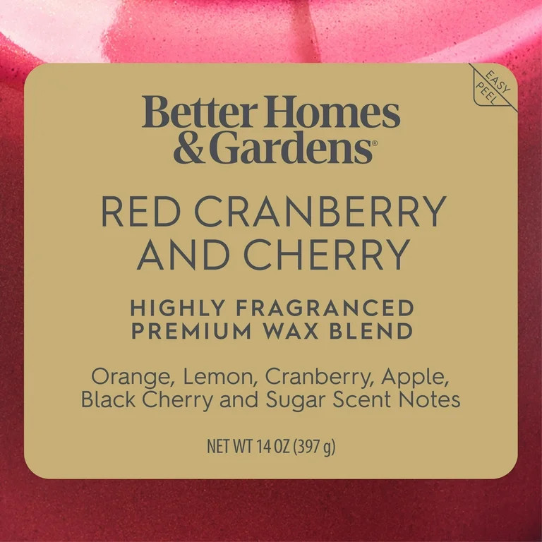 Better Homes & Gardens 2-Wick Red Glass Jar Candle with Gold Lid, Red Cranberry & Cherry, 14oz. | Walmart (US)