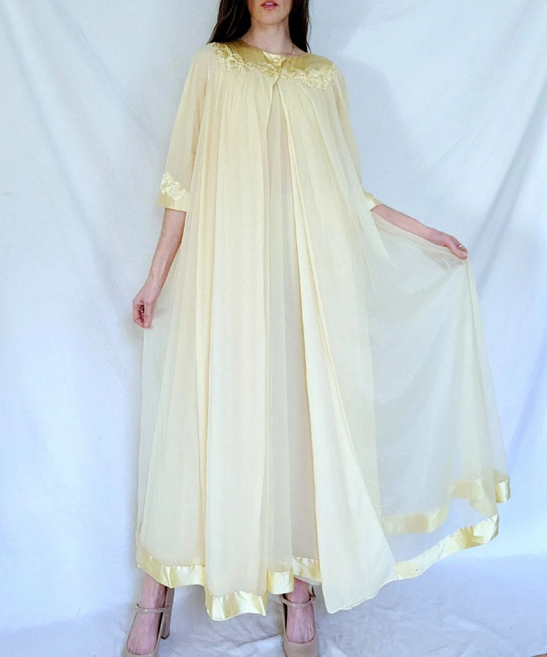 1960s Nightgown and Robe Set, Gossard Artemis, Yellow Chiffon Nightgown, Vintage Robe and Nightgo... | Etsy (US)