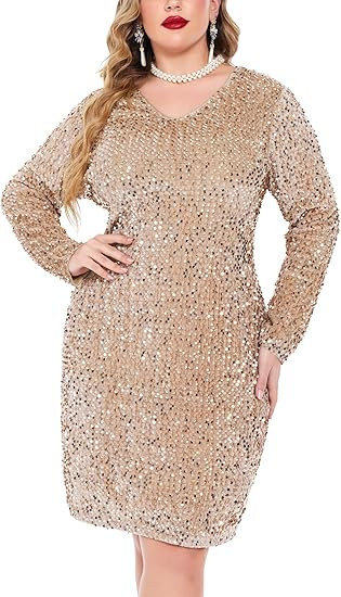 IN'VOLAND Womens Sequin Dress Plus Size V Neck Party Cocktail Sparkle Glitter Evening Stretchy Mi... | Amazon (US)