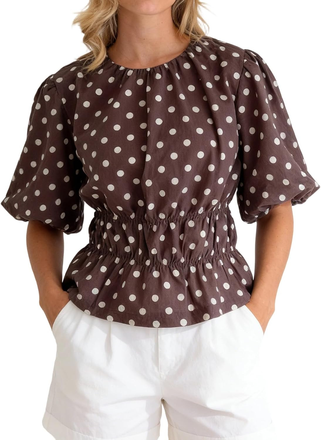 Women Y2K Polka Dot Peplum Tops Puff Short Sleeve Babydoll Blouse Smocked Cinched Waist Shirt Vintage Streetwear | Amazon (UK)