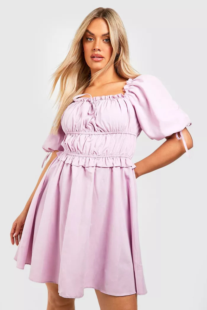 Plus Puff Sleeve Ruched Detail Skater Dress | Boohoo.com (US & CA)