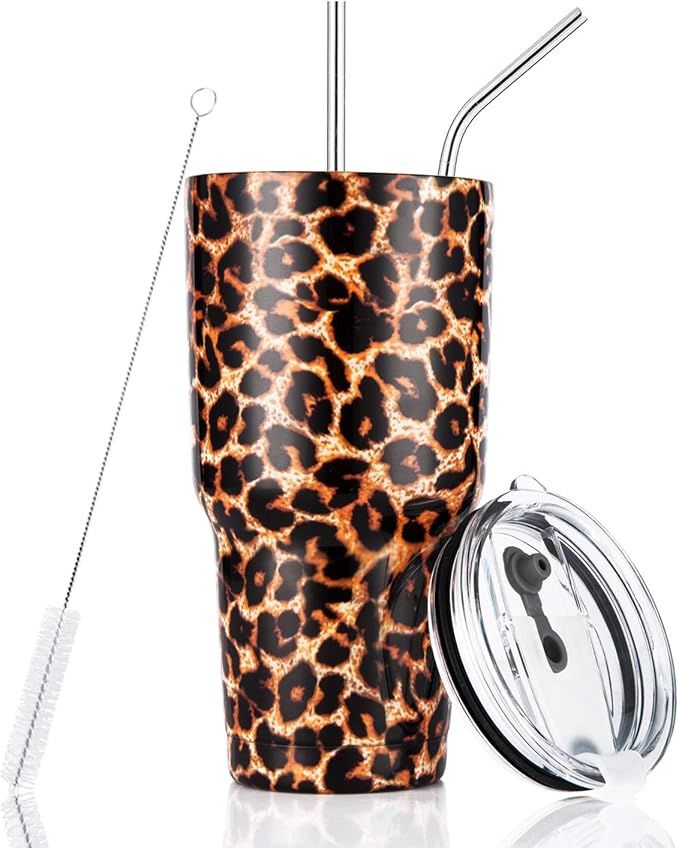 30oz Leopard Tumbler Stainless Steel Insulated Travel Mug with Straw Lid Cleaning Brush (30 oz Le... | Amazon (US)