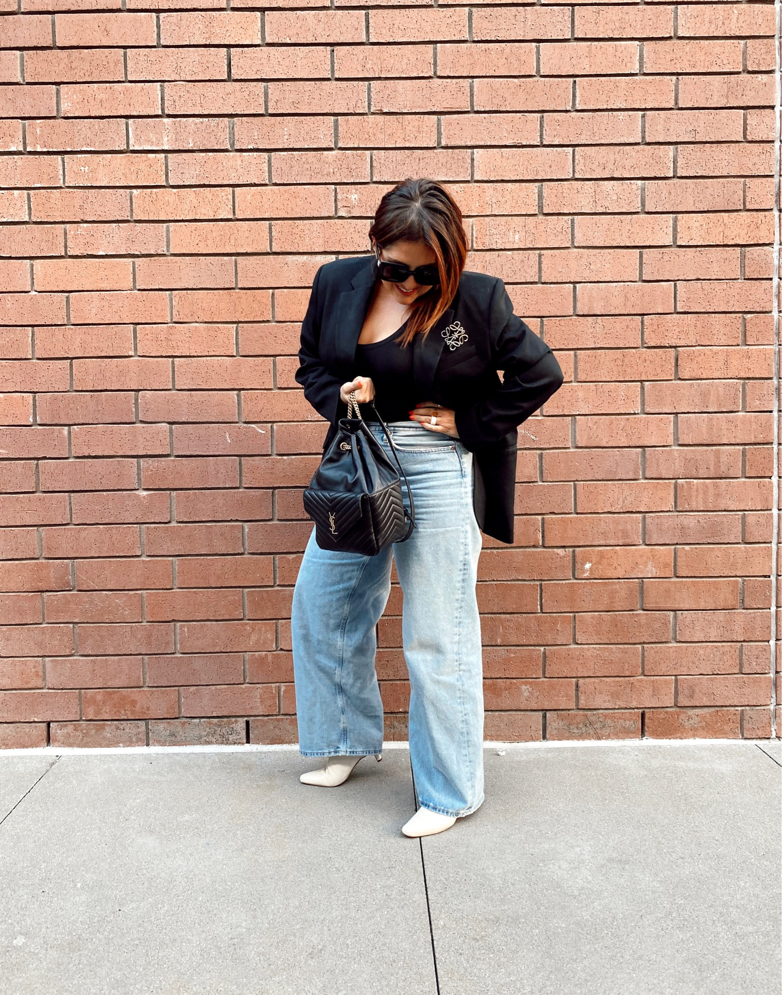 everlane blazer
spanx bodysuit 
AGOLDE baggy jeans
YSL backpack 

#LTKstyletip #LTKcurves #LTKshoecrush
