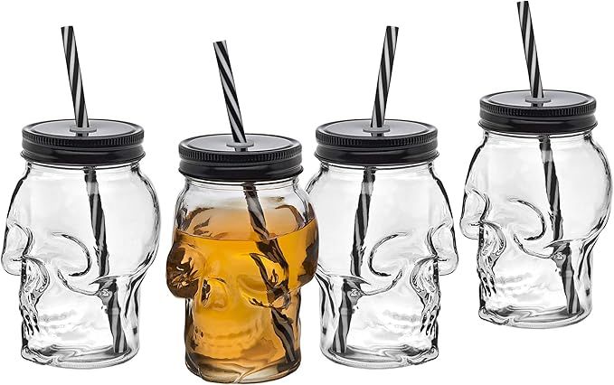 Skull Mason Jar Mug Glass Tumbler Cup with Cover and Straw - 16oz, Set of 4 | Amazon (US)
