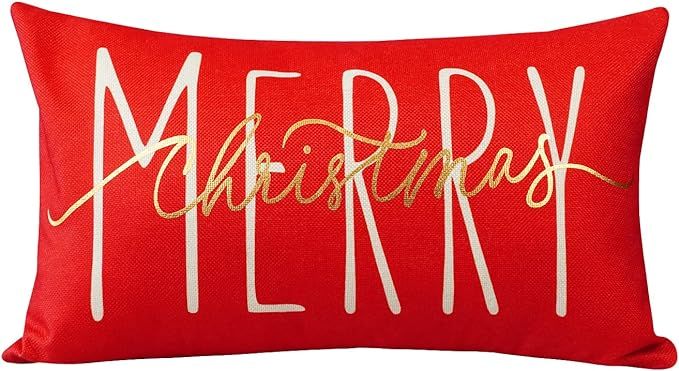 ONWAY Christmas Pillow Cover 12x20 Inch Merry Christmas Lumbar Pillow Cover Gold Red Decorative T... | Amazon (US)