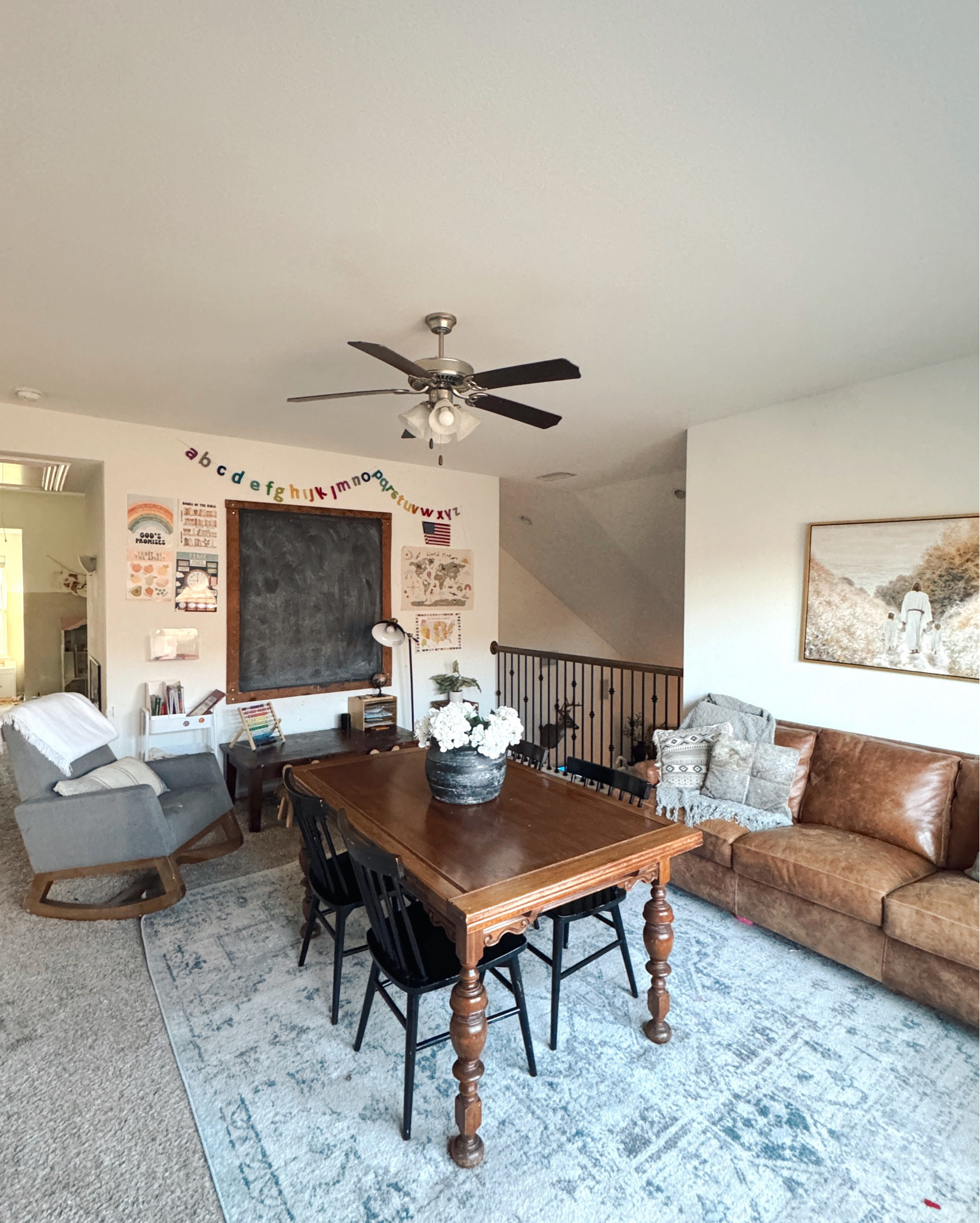 Homeschool room!! As many exact links or look alike as I could find! Table is my grandmas! Chalkboard is old wood planks screwed in directly to wall with chalkboard paint in the center that’s it  