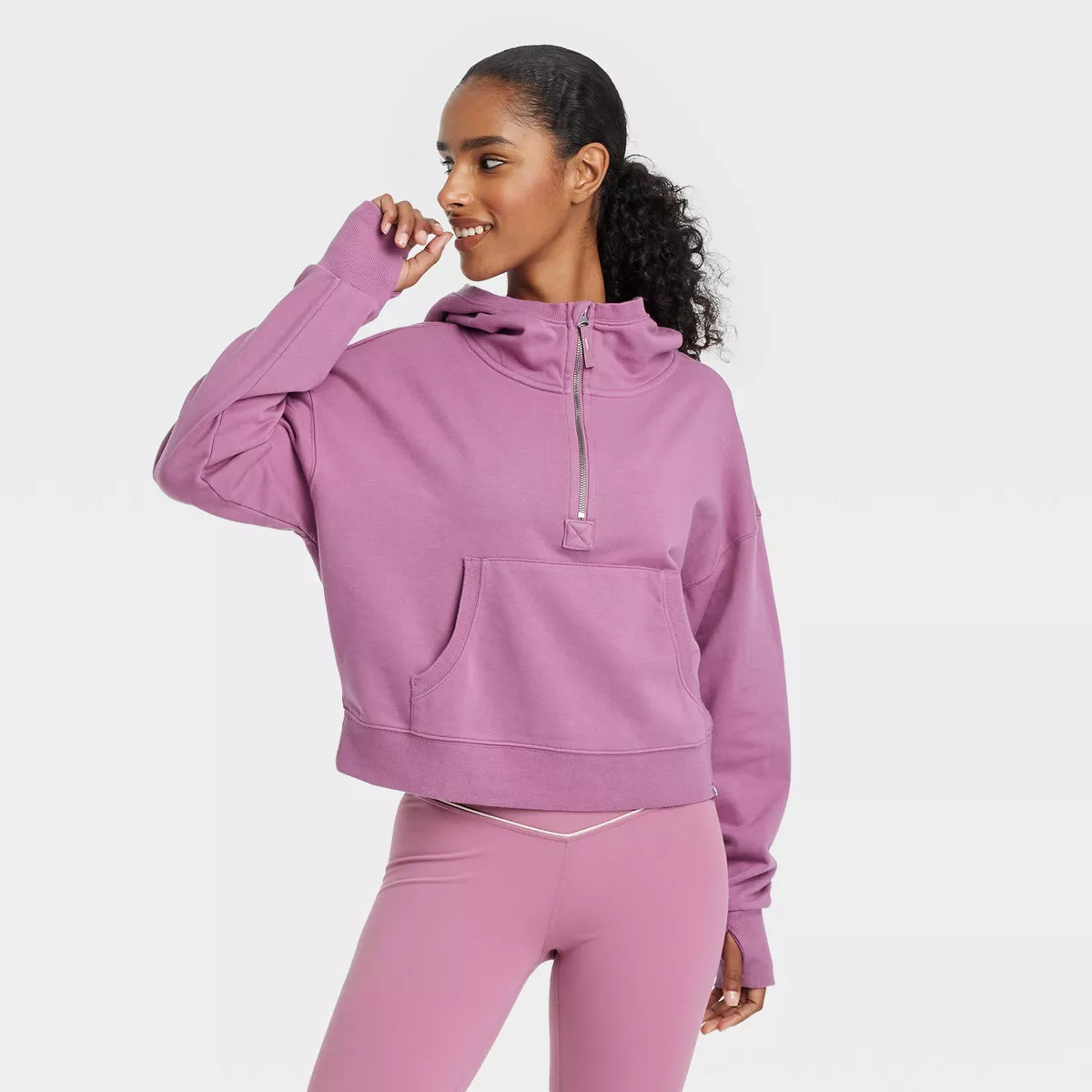 Women's French Terry Fleece 1/2 Zip Hooded Pullover Sweatshirt - JoyLab™ Mauve S | Target