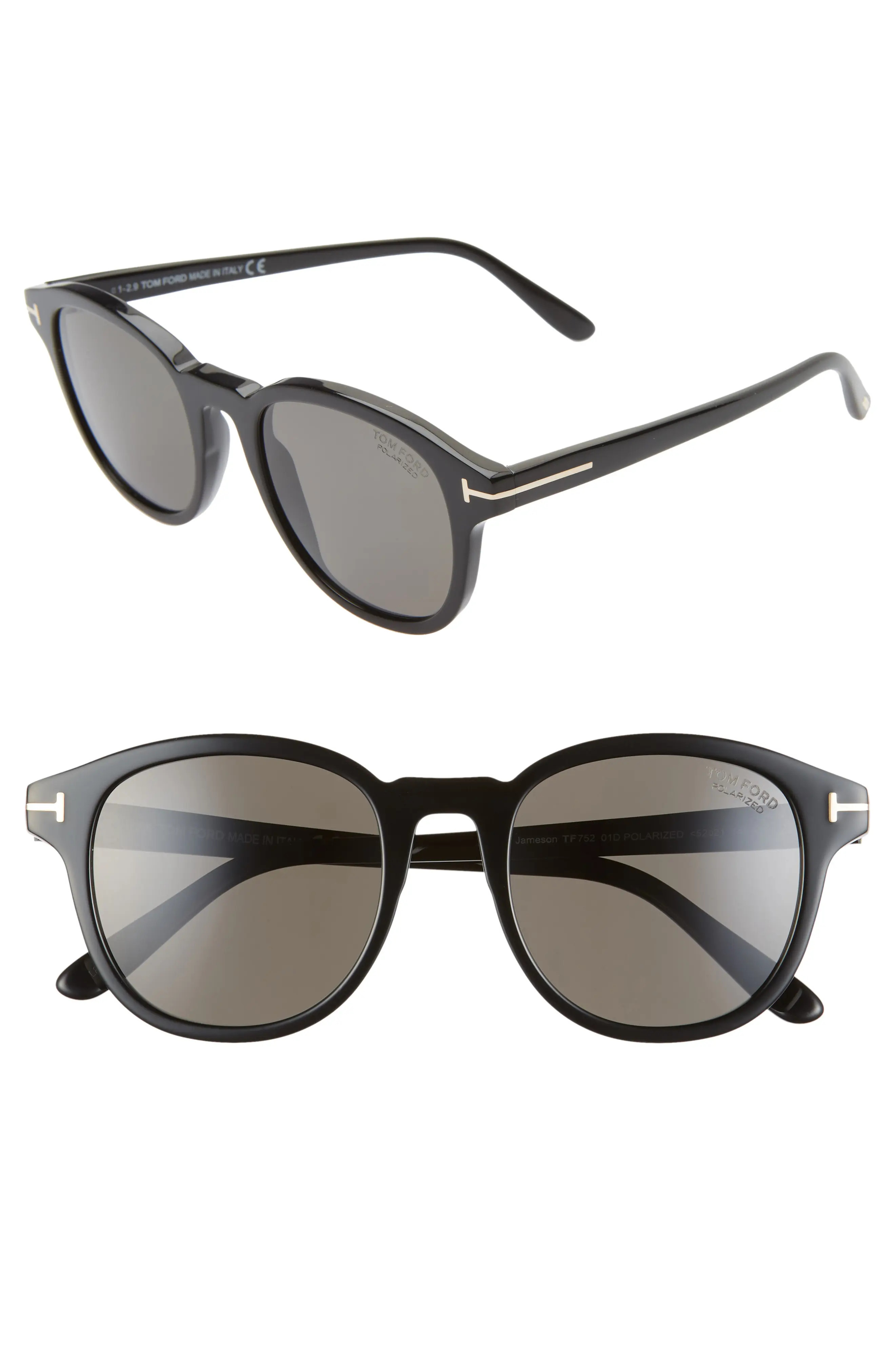 Men's Tom Ford Jameson 52mm Polarized Round Sunglasses - Shiny Black/ Smoke | Nordstrom