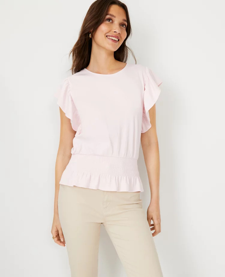 Smocked Waist Flutter Sleeve Top | Ann Taylor (US)
