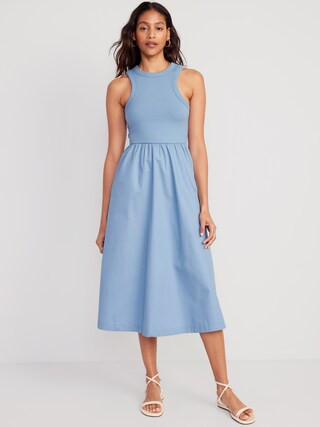 Fit & Flare High-Neck Combination Midi Dress for Women | Old Navy (US)