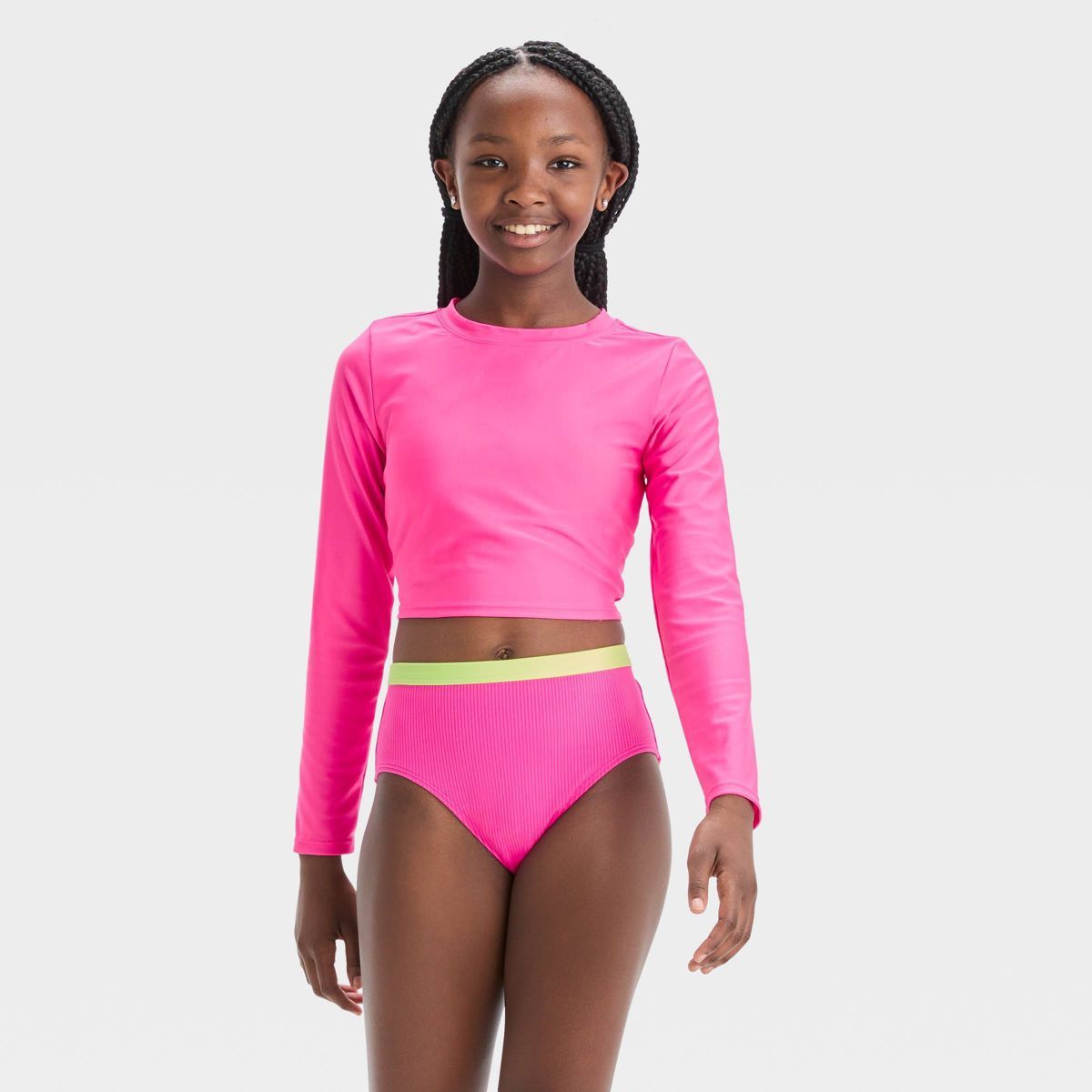 Girls' 3pc Ribbed Colorblock Cropped Rash Guard Swimwear Set - art class™ Pink | Target