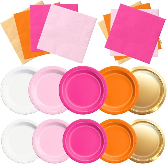 Pink and Orange Party Decorations - 60Pcs Sunset Tropical Plates and Napkins Pink Pumpkin Hallowe... | Amazon (US)