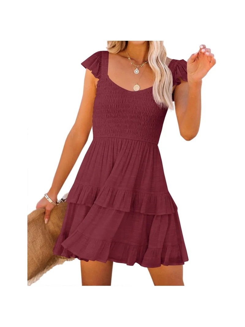 Womens Ruffle Dresses Elastic Empire Waist A-line Layered Swing Flowy Mini Dress | Walmart (US)