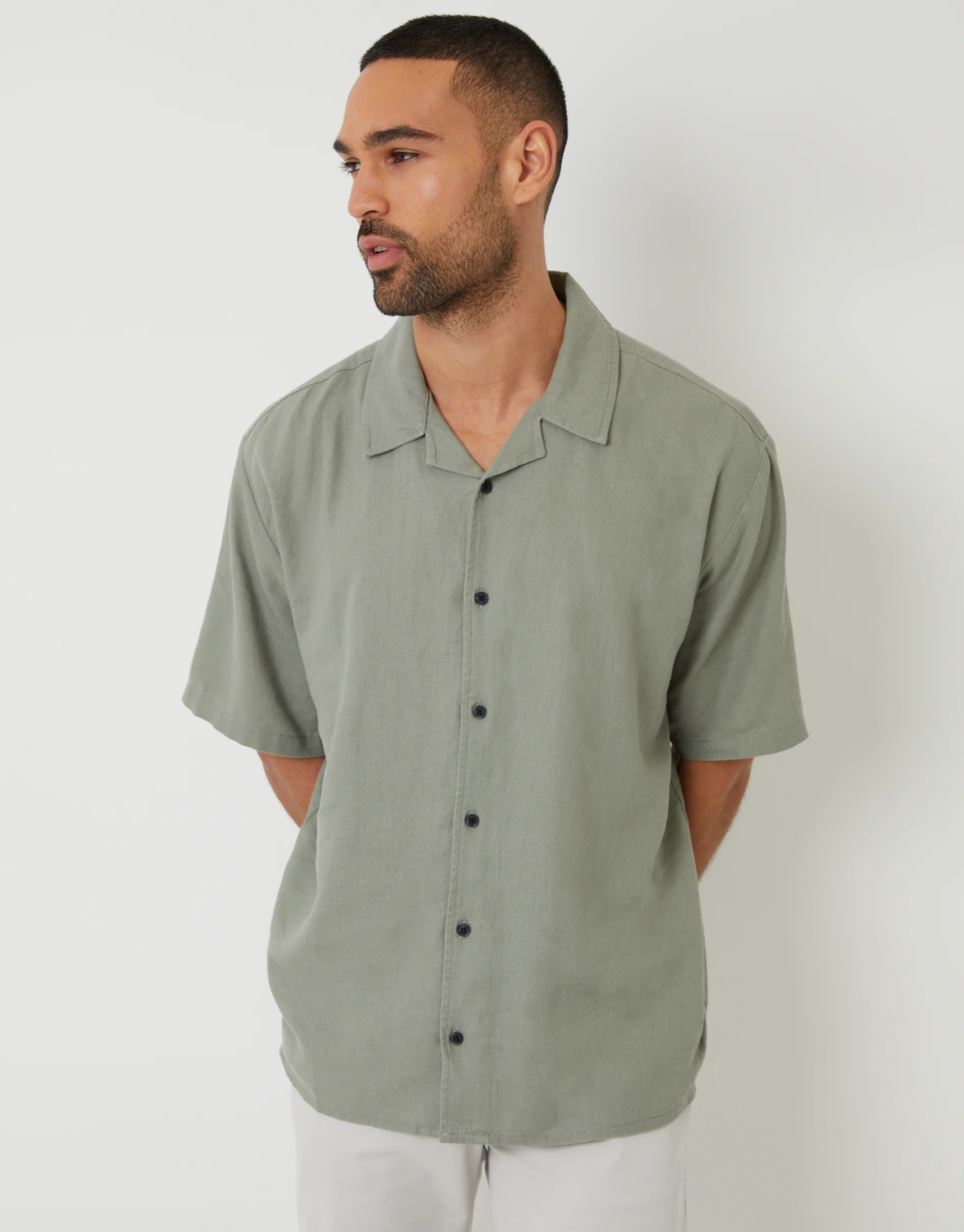 Relaxed Fit Linen Blend Revere Collar Short Sleeve Shirt in Sage Green | Threadbare UK