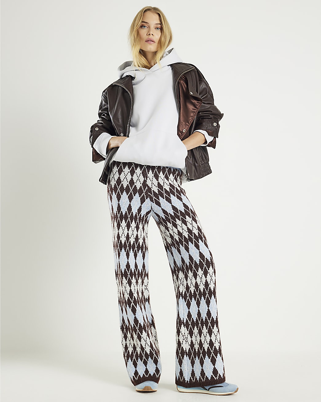 Blue Argyle Knit Trousers | River Island UK & IE