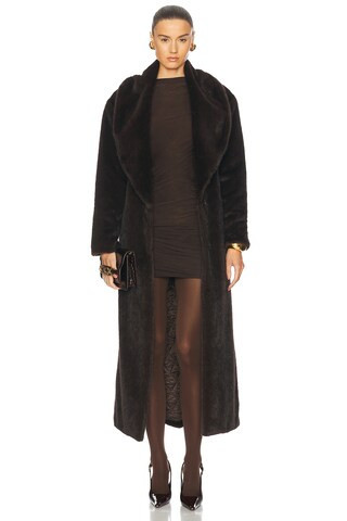 AEXAE Faux Fur Long Line Belted Coat in Brown - Chocolate. Size L (also in M). | FWRD 