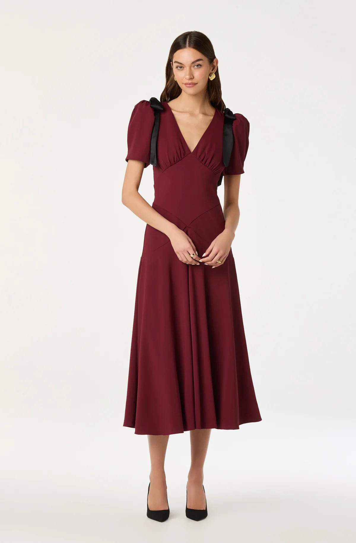 Ciela Bow Puff Sleeve Midi Dress - Burgundy / XS | ASTR The Label (US)