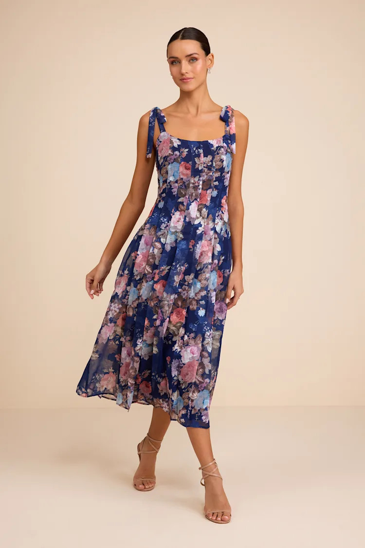 Jodia Navy Multi Floral Pleated Tie-Strap Midi Dress | Lulus