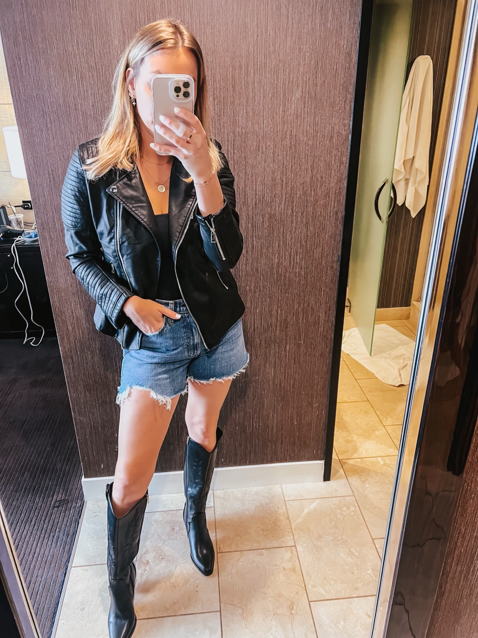 Today’s look! Amazon moto jacket, Abercrombie Bodysuit and shorts, Amazon boots, Gorjana necklaces, and bfb hair extensions! 

Lee Anne Benjamin 🤍

#LTKunder50 #LTKsalealert #LTKstyletip