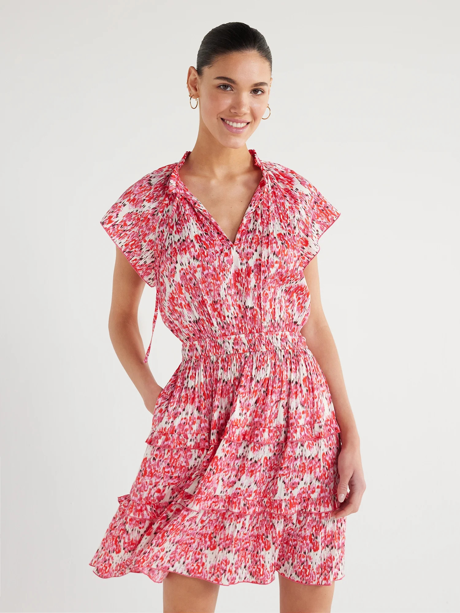 Scoop Women's Satin Mini Ruffle Dress with Cap Sleeves, Sizes XS-XXL | Walmart (US)